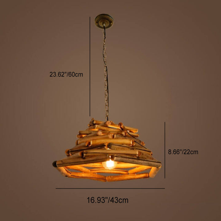 Traditional Vintage Solid Wood Iron Tree Branch Cone 1-Light Pendant Light for Living Room