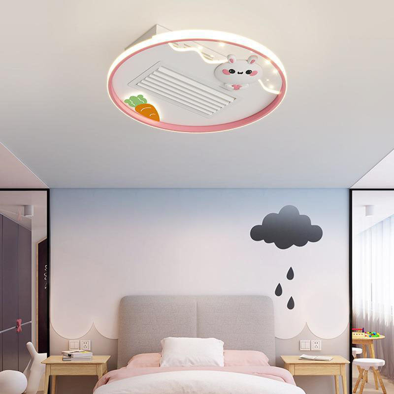 Contemporary Creative Acrylic Astronaut Moon LED Kids Flush Mount Ceiling Invisible Bladeless Fan Light For Bedroom