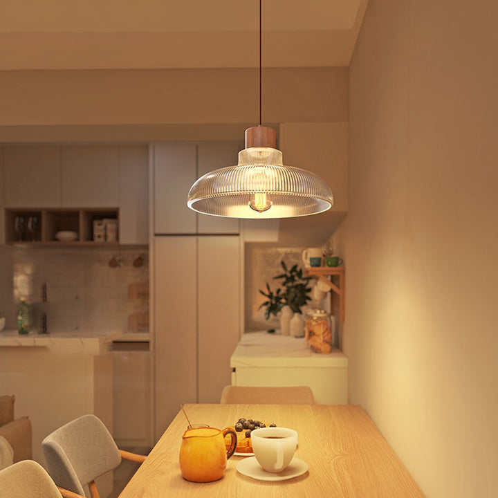 Zeitgenössische Retro Holz Vertikal Glas Runde Schatten 1-Licht Pendelleuchte für Wohnzimmer 