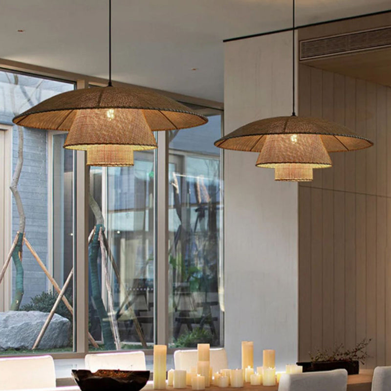 Traditioneller japanischer dreifacher runder Rattan-Kronleuchter mit 1 Licht für Wohnzimmer 