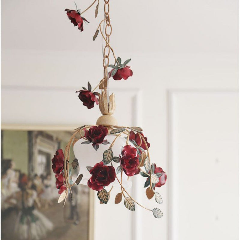 Zeitgenössische Retro Eisen Glas Rose 1-Licht Pendelleuchte für Schlafzimmer 