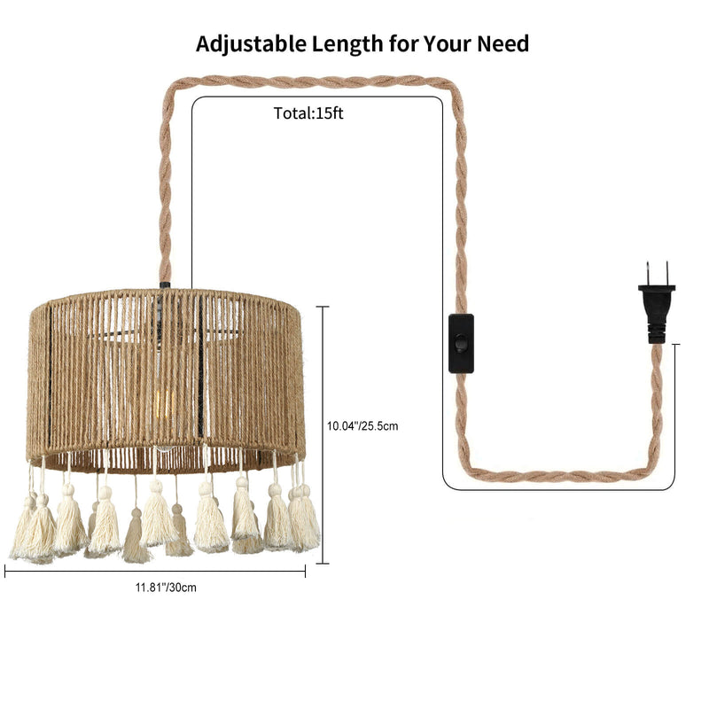 Contemporary Coastal Round Tassel Hemp Rope Rattan 1-Light Pendant Light For Bedroom