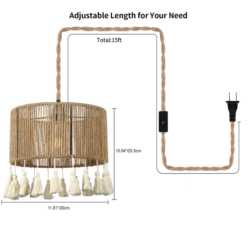 Moderne Küsten-Pendelleuchte mit runder Quaste aus Hanfseil und Rattan, 1 Licht, für Schlafzimmer 