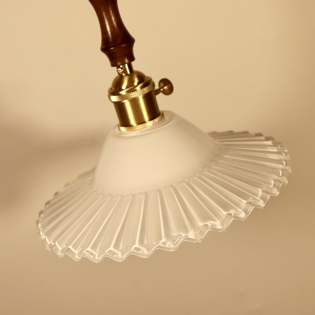 Abat-jour rond en verre plissé traditionnel japonais avec bois, suspension à 1 lumière pour salon 