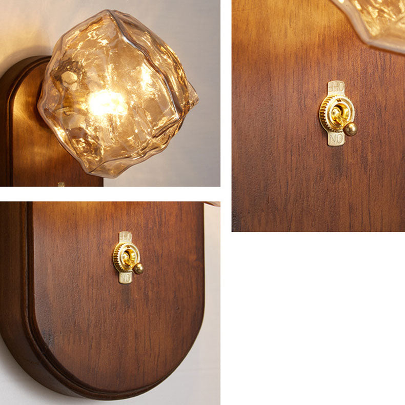 Traditional Japanese Oval Ice Cube Shape Solid Wood Glass 1-Light Wall Sconce Lamp For Bedroom