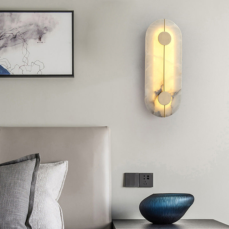 Traditional Chinese Copper Marble Round Elliptical LED Wall Sconce Lamp For Hallway