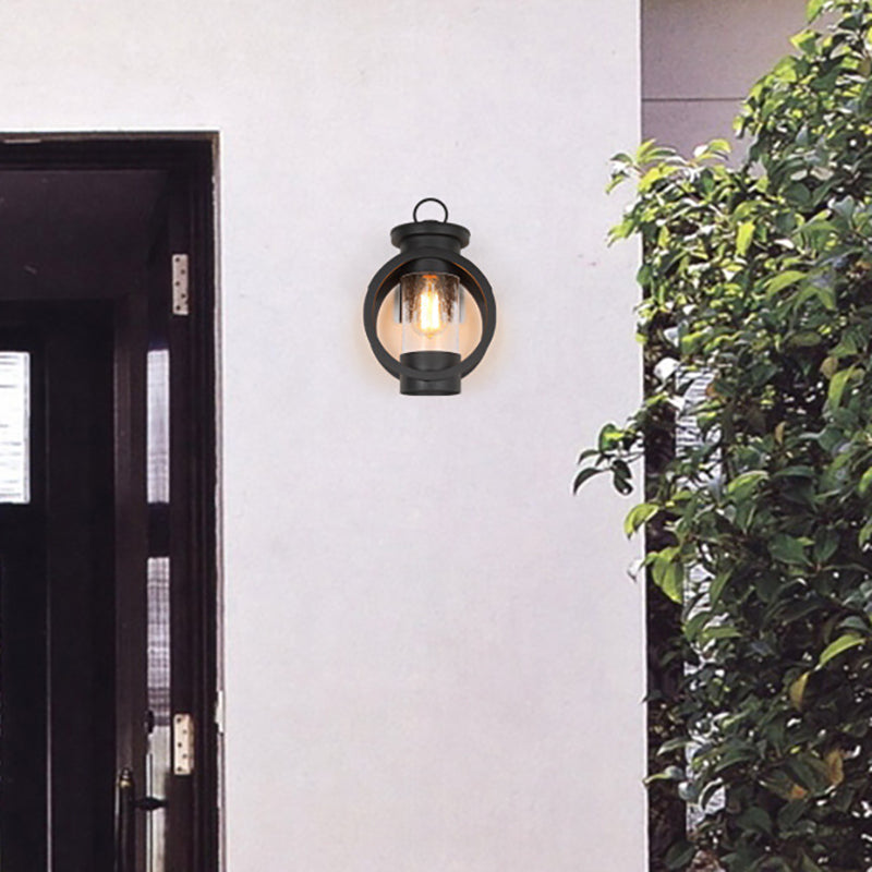 Zeitgenössische industrielle runde zylindrische Eisenglas-1-Licht-Wandleuchterlampe für die Terrasse im Freien 