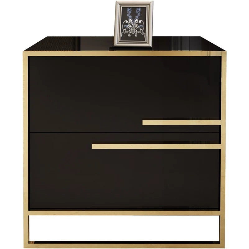 Table de nuit moderne en bois massif cubique avec cadre en acier inoxydable à 2 tiroirs pour chambre 
