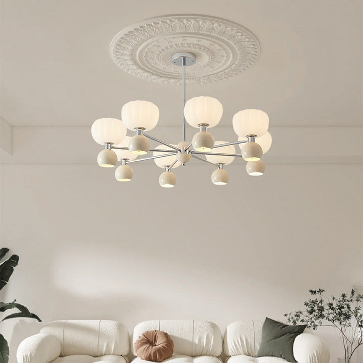 Zeitgenössischer kreativer Kürbis-Orb-Eisen-Aluminium-Acryl-6/12/16-Licht-Kronleuchter für Wohnzimmer 