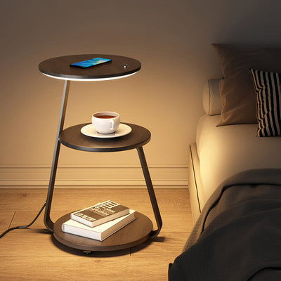 Table de chevet contemporaine nordique ronde en noyer et marbre avec fer, charge sans fil pour téléphone mobile, 2 niveaux pour le chevet 