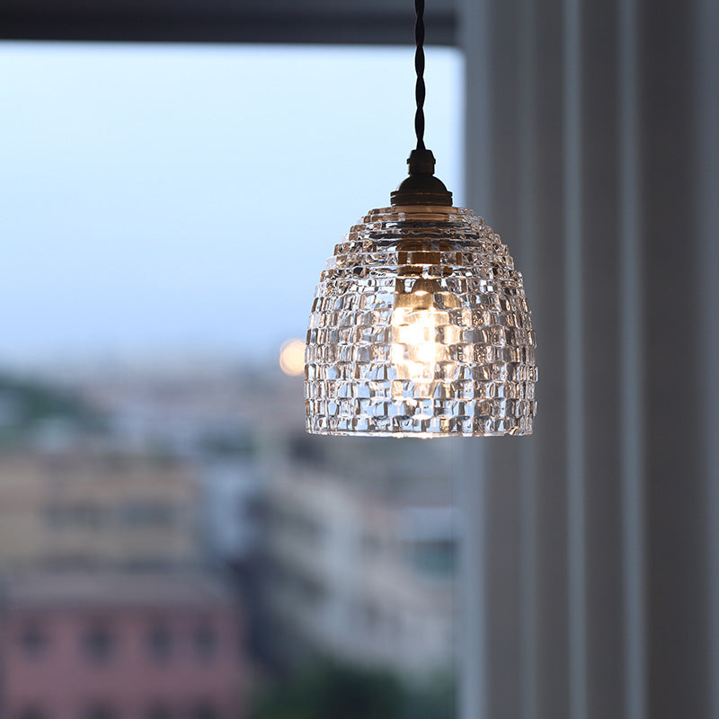 Lámpara colgante de 1 luz con forma de flor de vidrio a cuadros de latón francés tradicional para sala de estar 