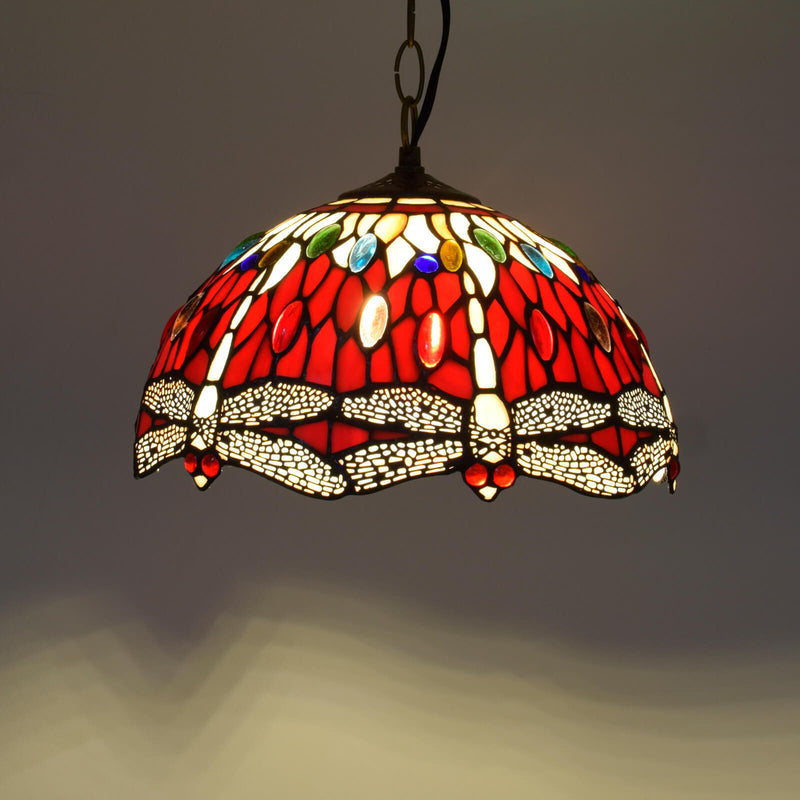 European Vintage Tiffany Red Dragonfly Iron Glass 1-Light Pendant Light