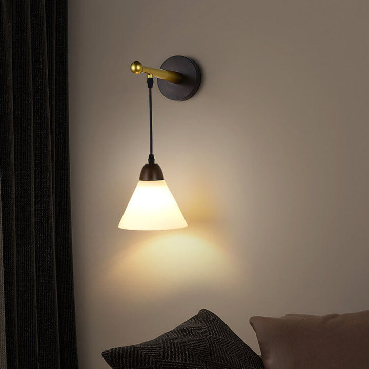 Modern Minimalist Frosted Cone Rubberwood Iron Glass Log Wood 1-Light Wall Sconce Lamp for Living Room