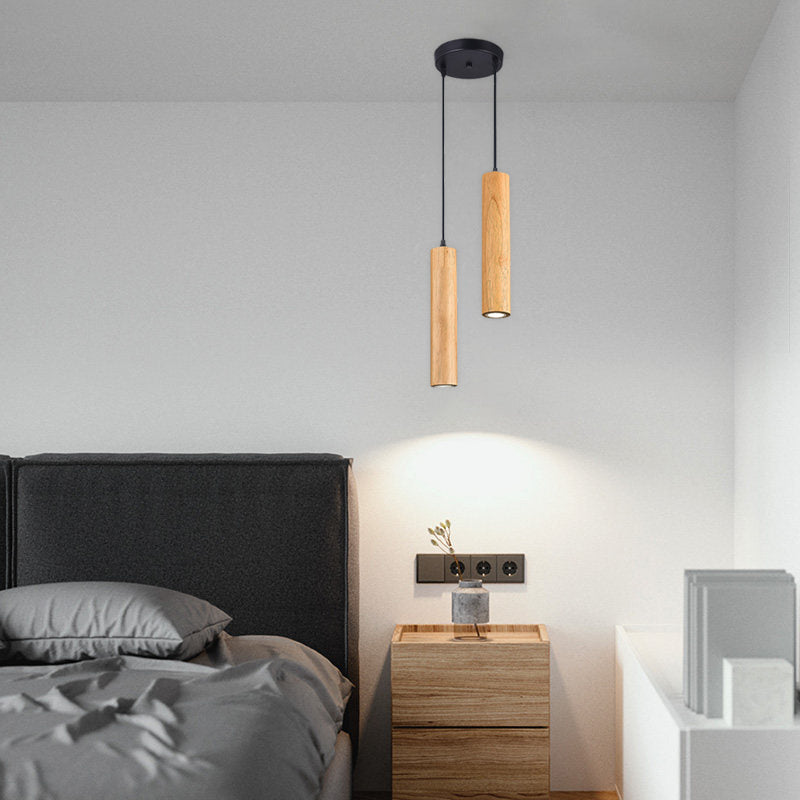 Moderne minimalistische LED-Pendelleuchte aus Eichenholz in Zylinderform für Wohnzimmer &amp; Schlafzimmer 