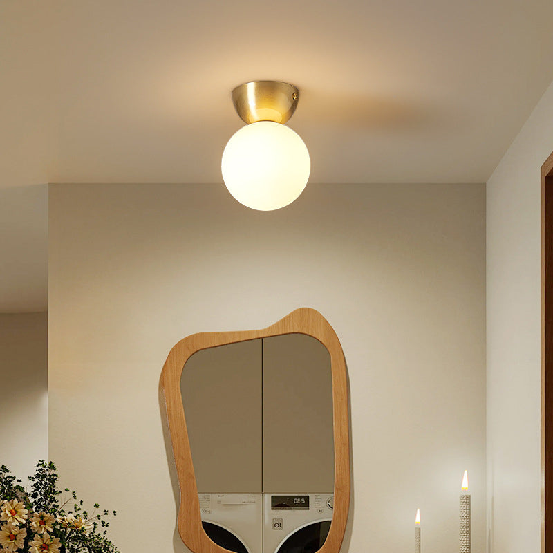 Contemporary Scandinavian Walnut Copper Glass Ball 1-Light Semi-Flush Mount Ceiling Light For Hallway