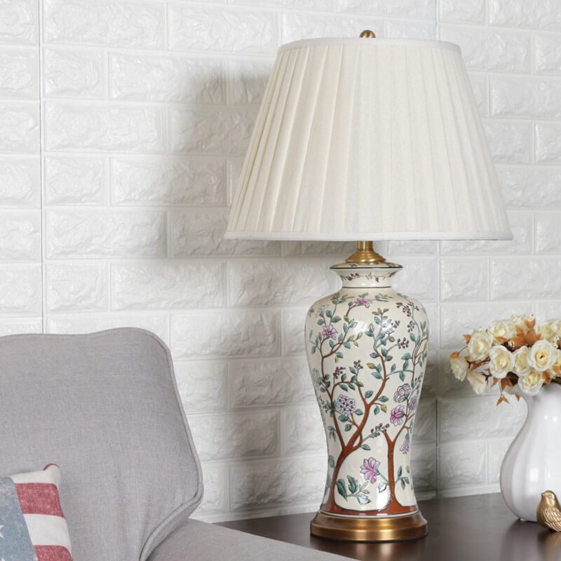 Vintage chinesischer Palaststoff-Lampenschirm Keramik 1-Licht Tischlampe 