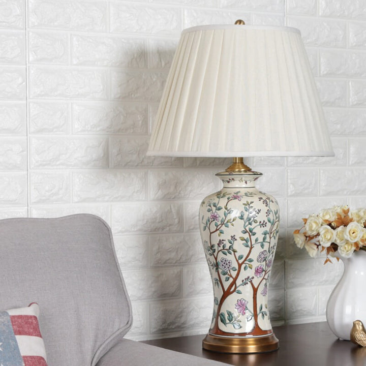 Vintage chinesischer Palaststoff-Lampenschirm Keramik 1-Licht Tischlampe 
