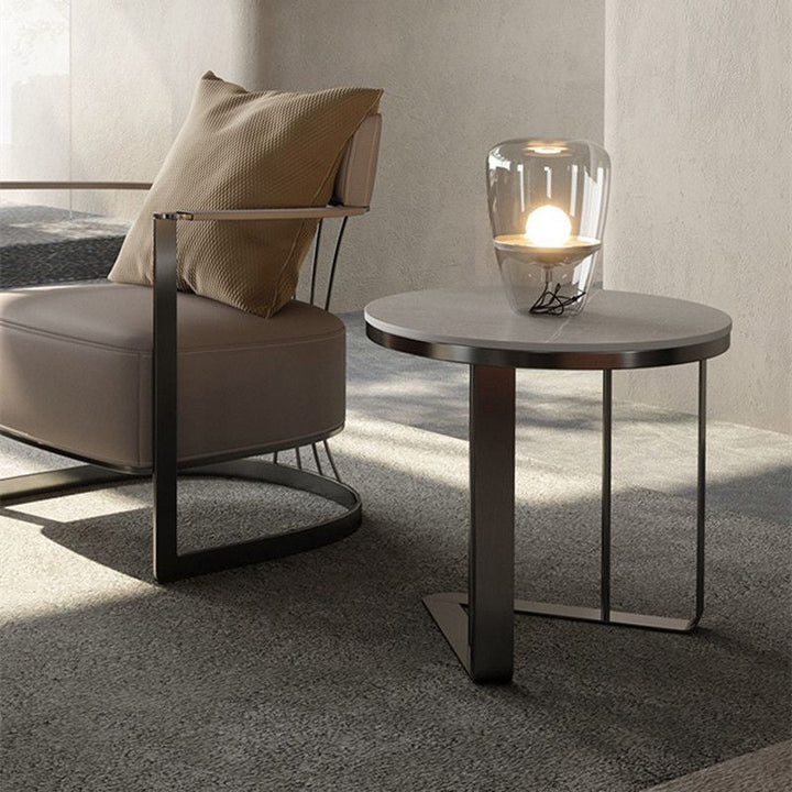 Modern Simplicity Round Triangle Base Rock Slab Stainless Steel End Table For Living Room