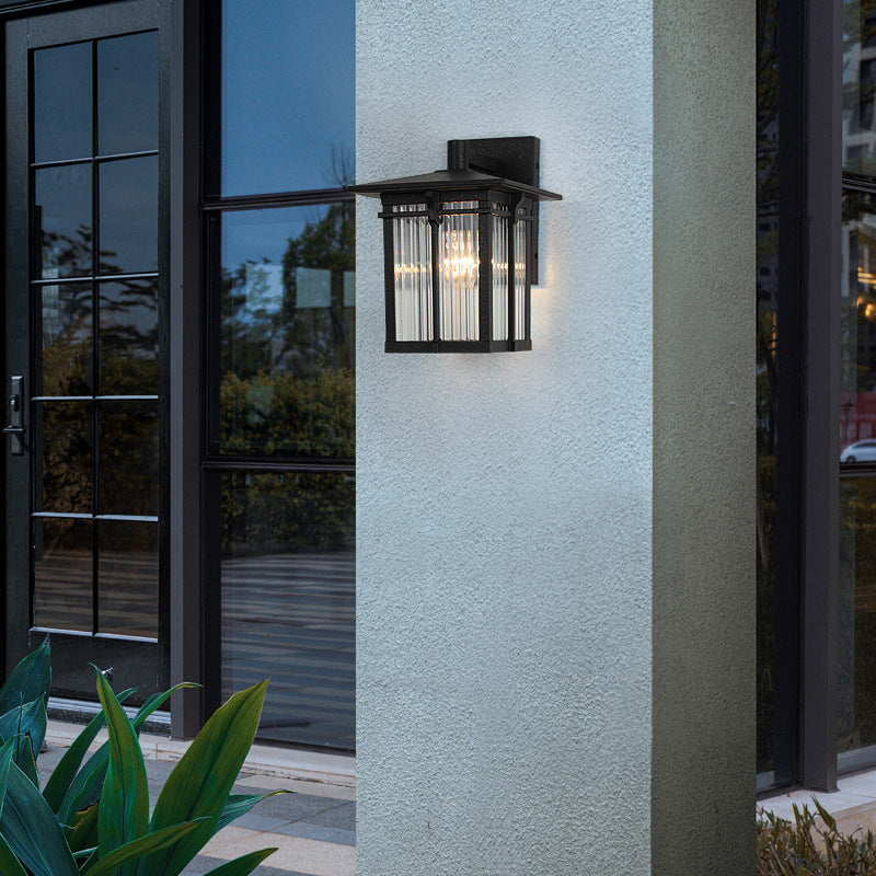 Contemporary Industrial Aluminum Rectangular Frame Ribbed Glass Shade 1-Light Wall Sconce Lamp For Outdoor Patio