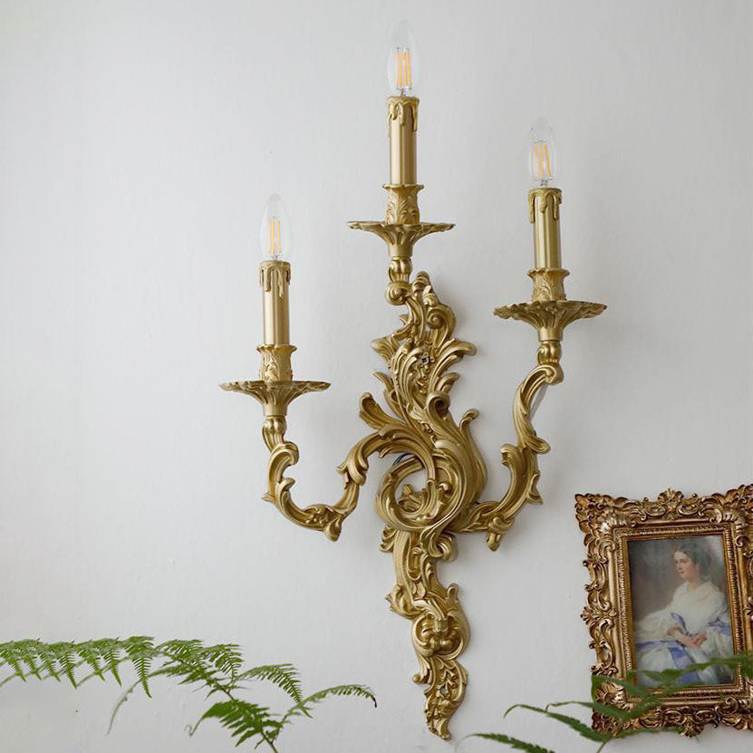 Candelabro de Pared de Latón de Lujo Francés Tradicional Tallado con 2/3 Luces para Dormitorio 