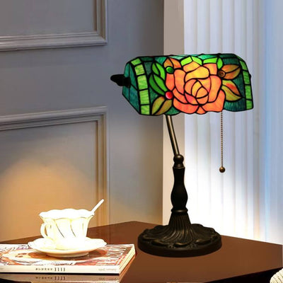 Tiffany Vintage Blooming Flowers Stained Glass 1-Light Bank Table Lamp