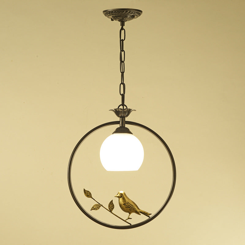 Traditionelle Vintage Eisenring Vogel Dekor Blume Glasschirm 1-Licht Pendelleuchte für Wohnzimmer 