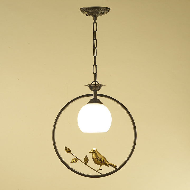 Traditionelle Vintage Eisenring Vogel Dekor Blume Glasschirm 1-Licht Pendelleuchte für Wohnzimmer 