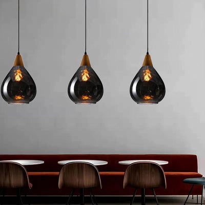 Zeitgenössische industrielle Wassertropfen Holz Glas 1-Licht Pendelleuchte für Wohnzimmer 