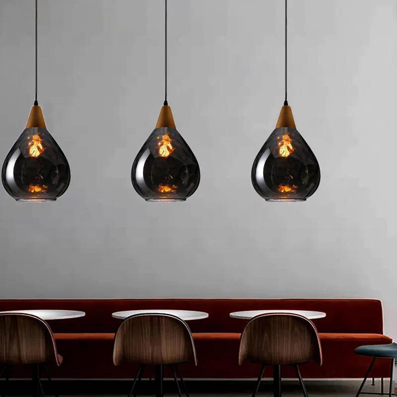 Zeitgenössische industrielle Wassertropfen Holz Glas 1-Licht Pendelleuchte für Wohnzimmer 