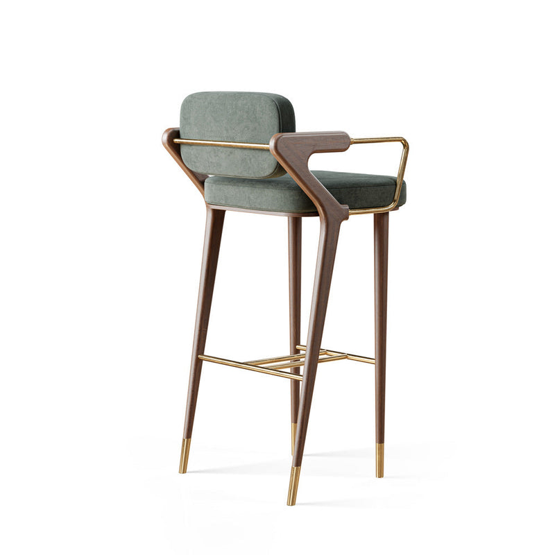 Tabouret de bar carré en tissu scandinave contemporain en laiton et noyer avec dossier et accoudoir pour cuisine 