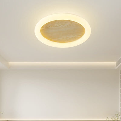 Japanese Minimalist Wood Grain Round Iron LED Flush Mount Ceiling Light