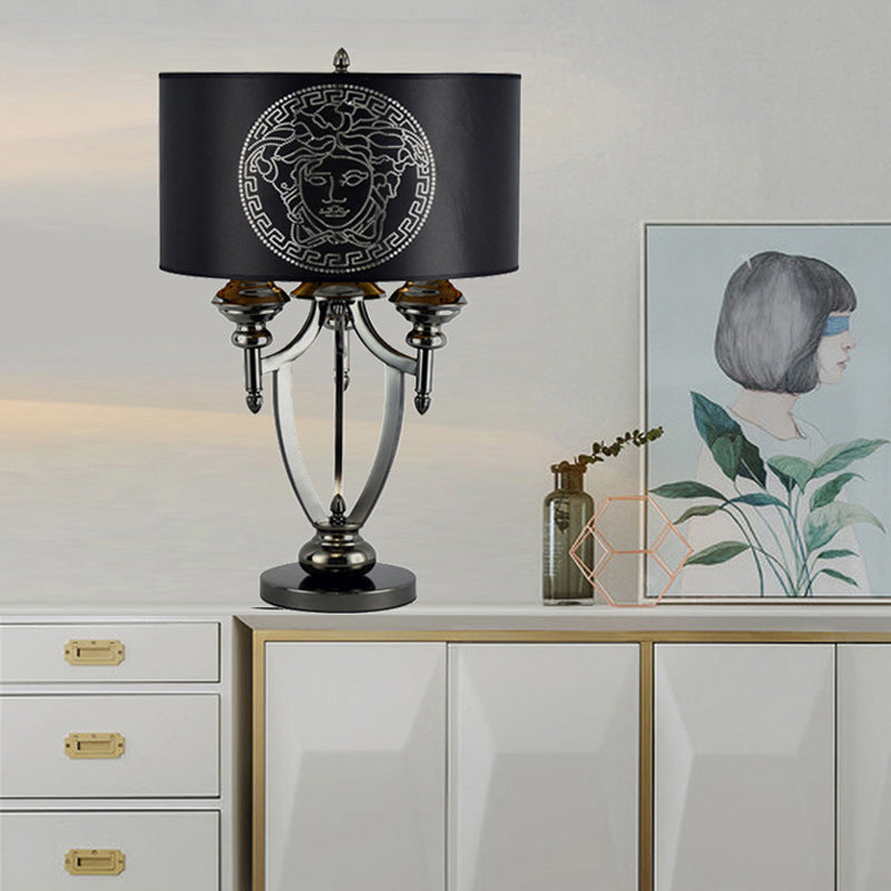 Lampe de table à 3 lumières en tissu rétro contemporain avec cylindre en marbre et fer pour étude 