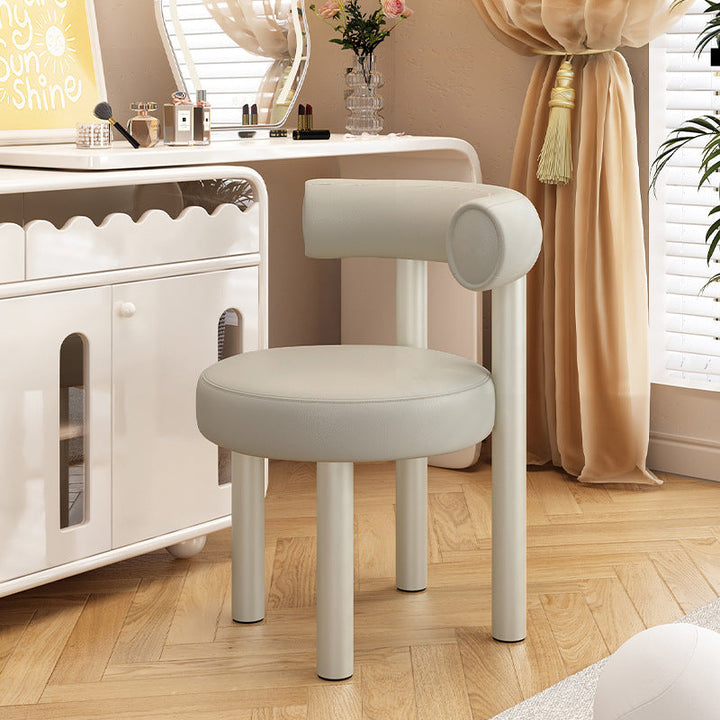 Tabouret de vanité rond nordique contemporain en cuir artificiel avec cadre en fer et dossier arqué pour chambre 