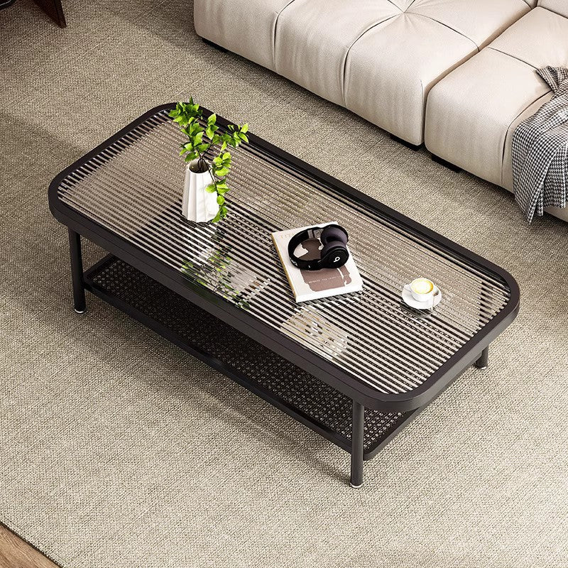 Moderner minimalistischer rechteckiger Glas-Kohlenstoffstahl-Couchtisch mit 2 Ebenen für das Wohnzimmer 