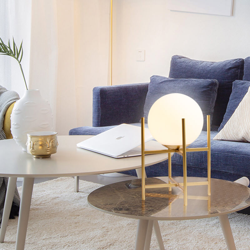 Modern Minimalist Glass Round Ball Iron Shelf Base 1-Light Table Lamp for Living Room Bedroom