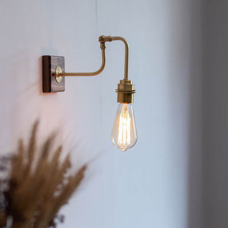 Zeitgenössische Retro Kupfer Massivholz 1-Licht Wandleuchte Lampe für Schlafzimmer 