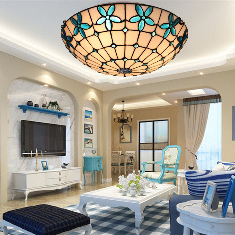 Traditionelle Tiffany Mittelmeer Runde Buntglas 3-Licht Unterputz Deckenleuchte für Wohnzimmer 