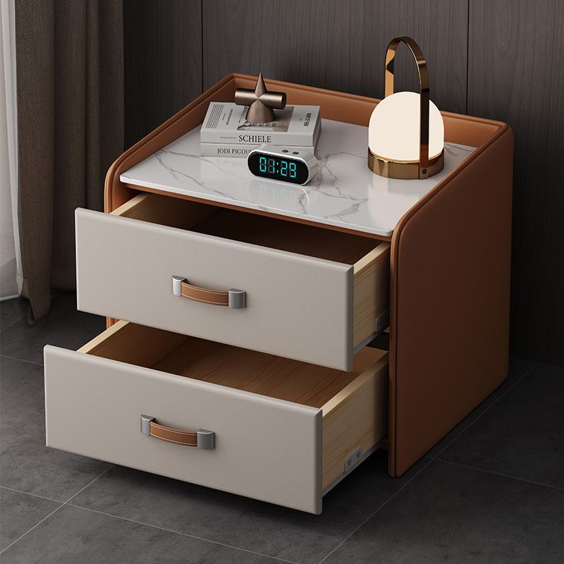 Modern Simplicity Rectangular Slab Saddle-Style Faux Leather Wood Nightstand 2-Drawer For Bedside