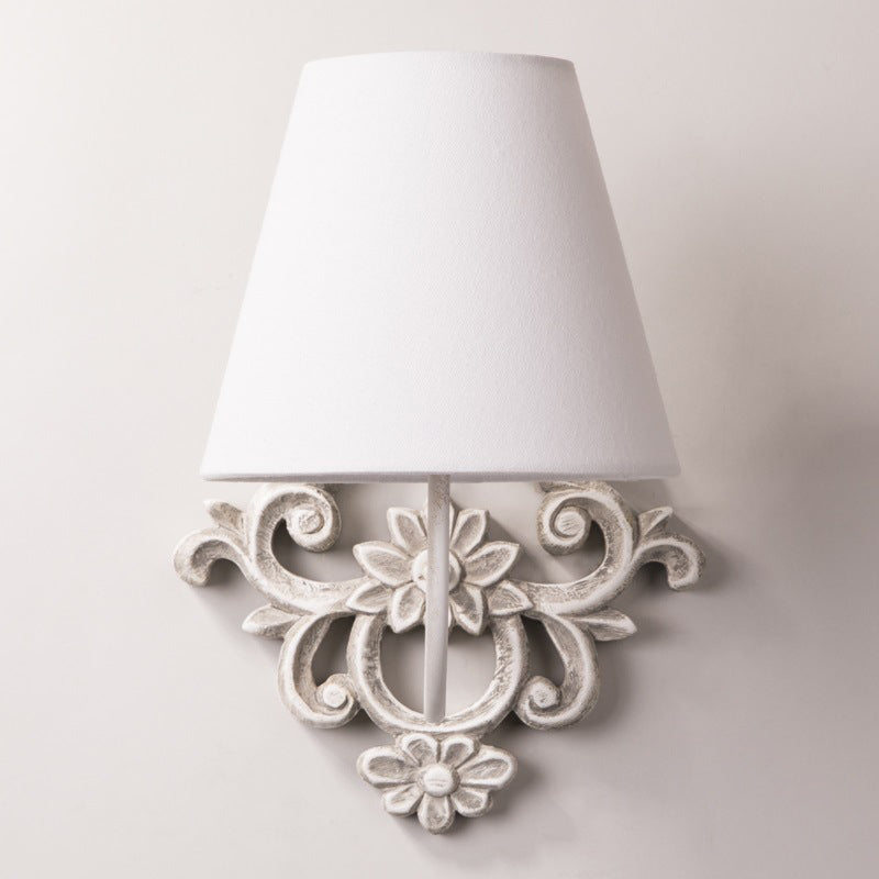 Traditionelle Vintage geschnitzte Zylinder Massivholz Stoff 1-Licht Wandleuchte Lampe für Schlafzimmer 