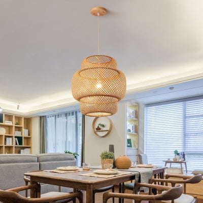 Traditional Japanese Cylinder Bamboo 1-Light Pendant Light For Living Room