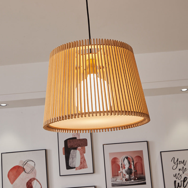 Traditional Japanese Wood Acrylic Cylinder Bucket 1-Light Pendant Light For Dining Room