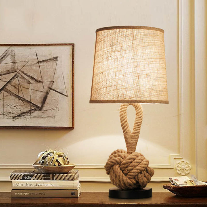 Traditionelle rustikale runde Eisen-Hanfseil-Leinen 1-Licht-Tischlampe für das Schlafzimmer 