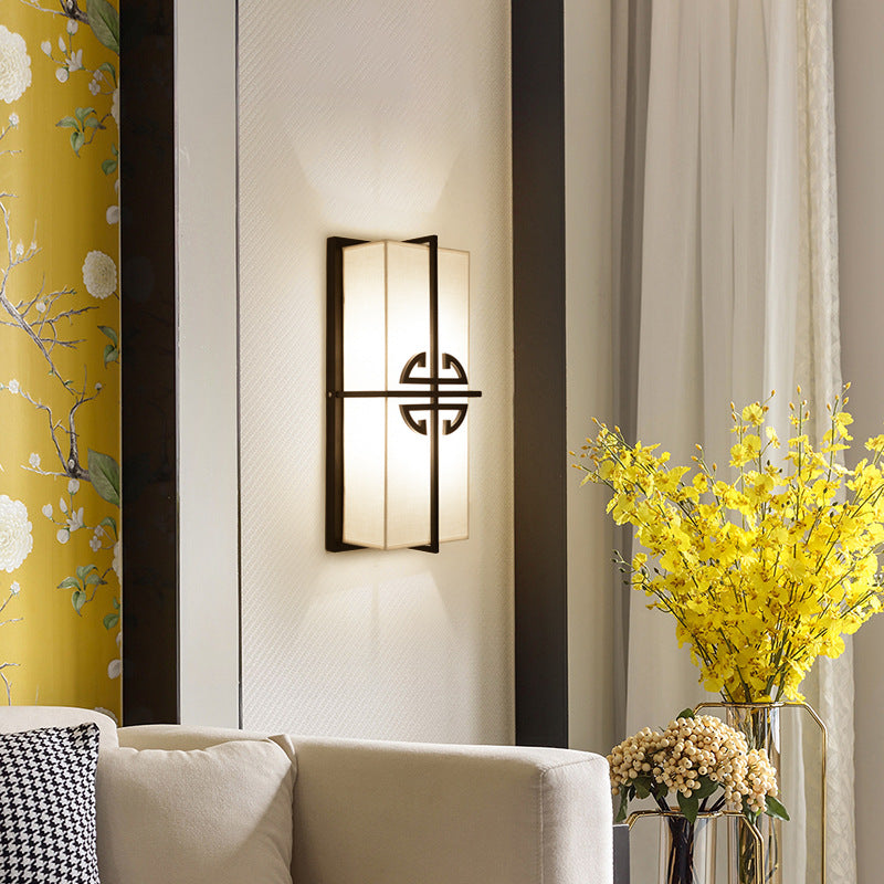 Lámpara de Aplique de Pared de 2 Luces de Tela de Hierro Rectangular Tradicional China para Sala de Estar 