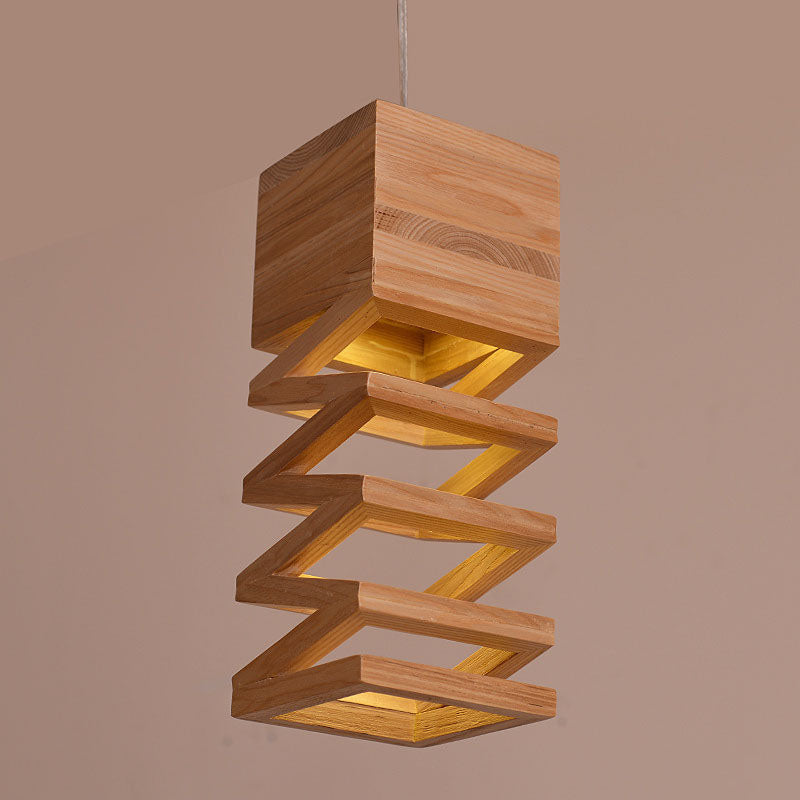 Traditional Japanese Wooden Spring Cube Shade 1-Light Pendant Light For Dining Room