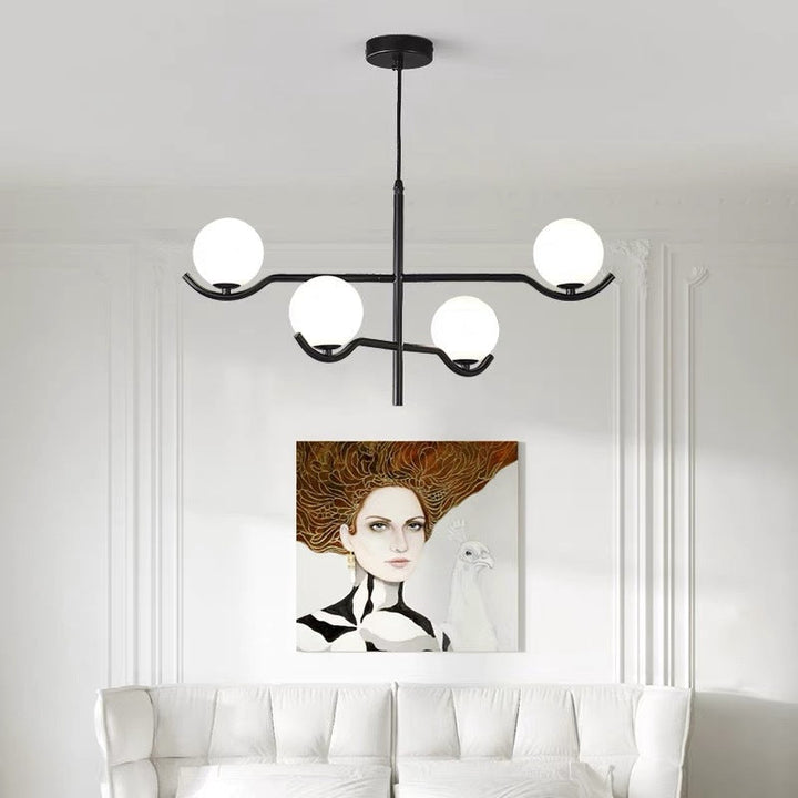 Lustre moderne de style mi-siècle avec longue tige en fer et abat-jour en globe de verre à 4/6 lumières pour salle à manger 