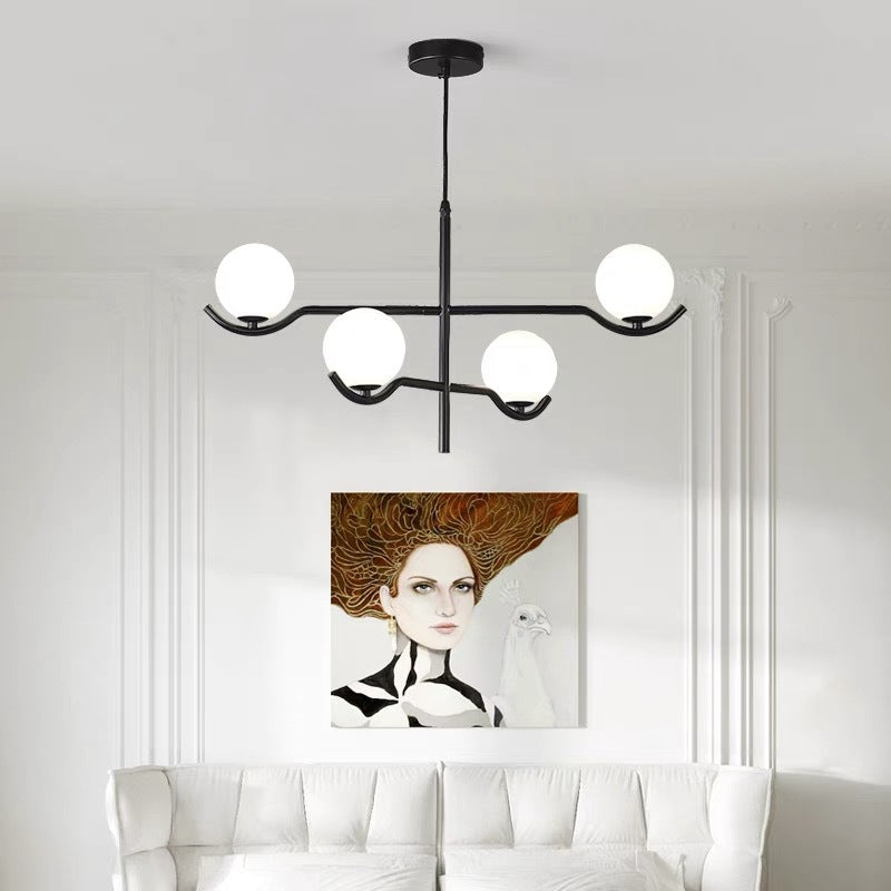 Moderner Mid-Century Eisen Langstab Glaskugel Schirm 4/6-flammiger Kronleuchter für Esszimmer 