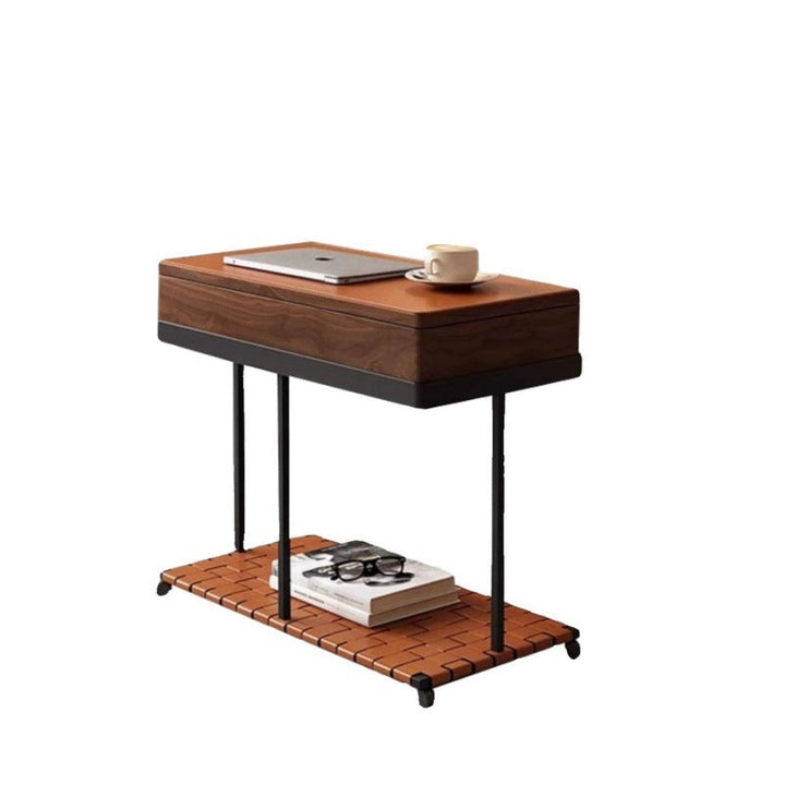 Traditional Vintage Removable Rectangle Solid Wood Iron Saddle-Style Faux Leather Side Table 2-Tier For Living Room