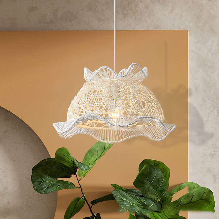 Contemporary Coastal Round Lace Rattan Iron 1-Light Pendant Light For Living Room