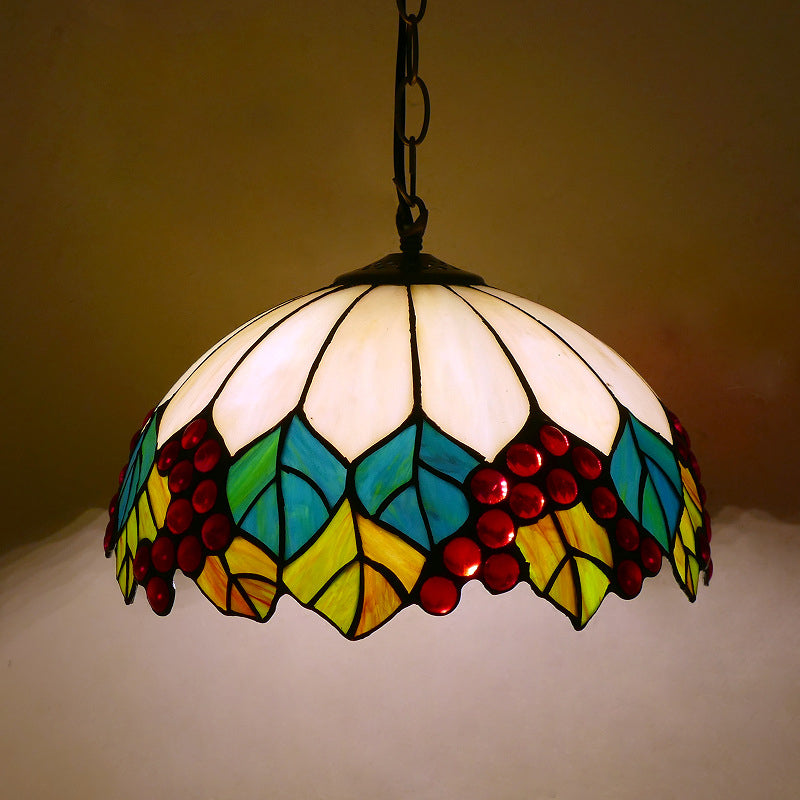 Traditional Tiffany Round Dome Iron Glass 1-Light Pendant Light For Living Room