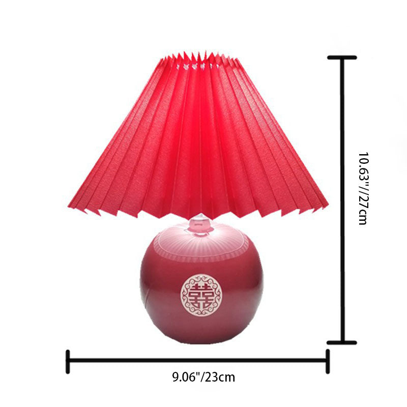Traditional Chinese Red Pleated Fabric Lampshade Ceramic Base 1-Light Table Lamp For Bedroom